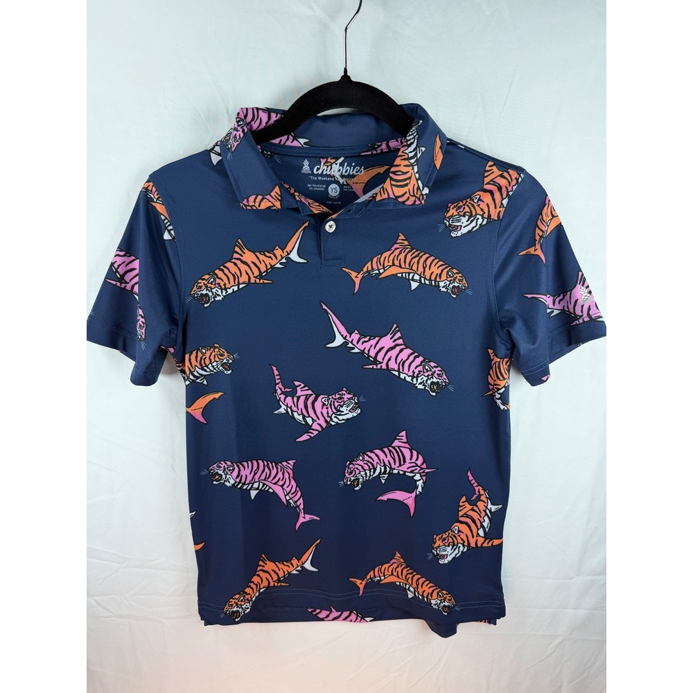 Chubbies Kids Tiger Shark Polo Shirt Navy Blue Pink Orange Youth Small